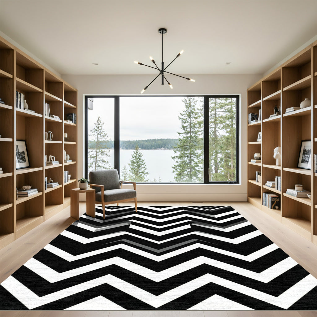 Bold Black White Zigzag Geometry Rug