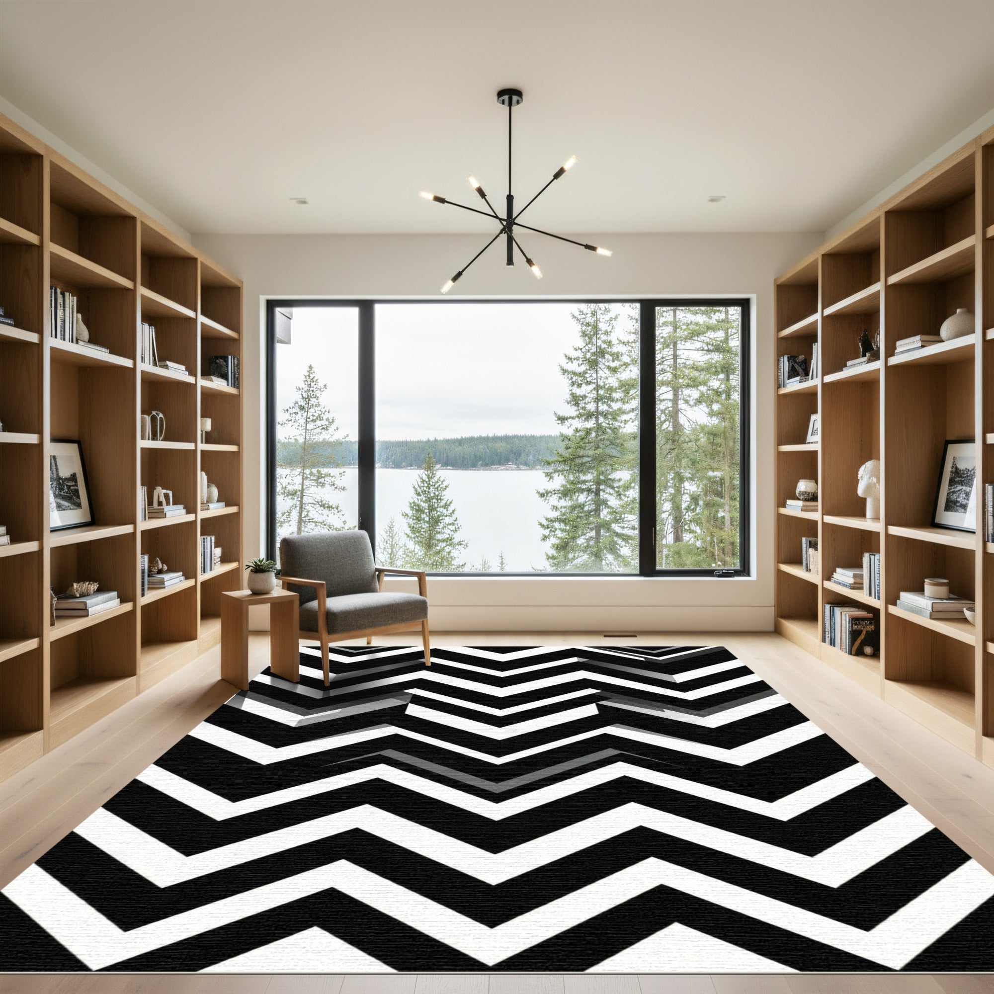 Bold Black White Zigzag Geometry Rug