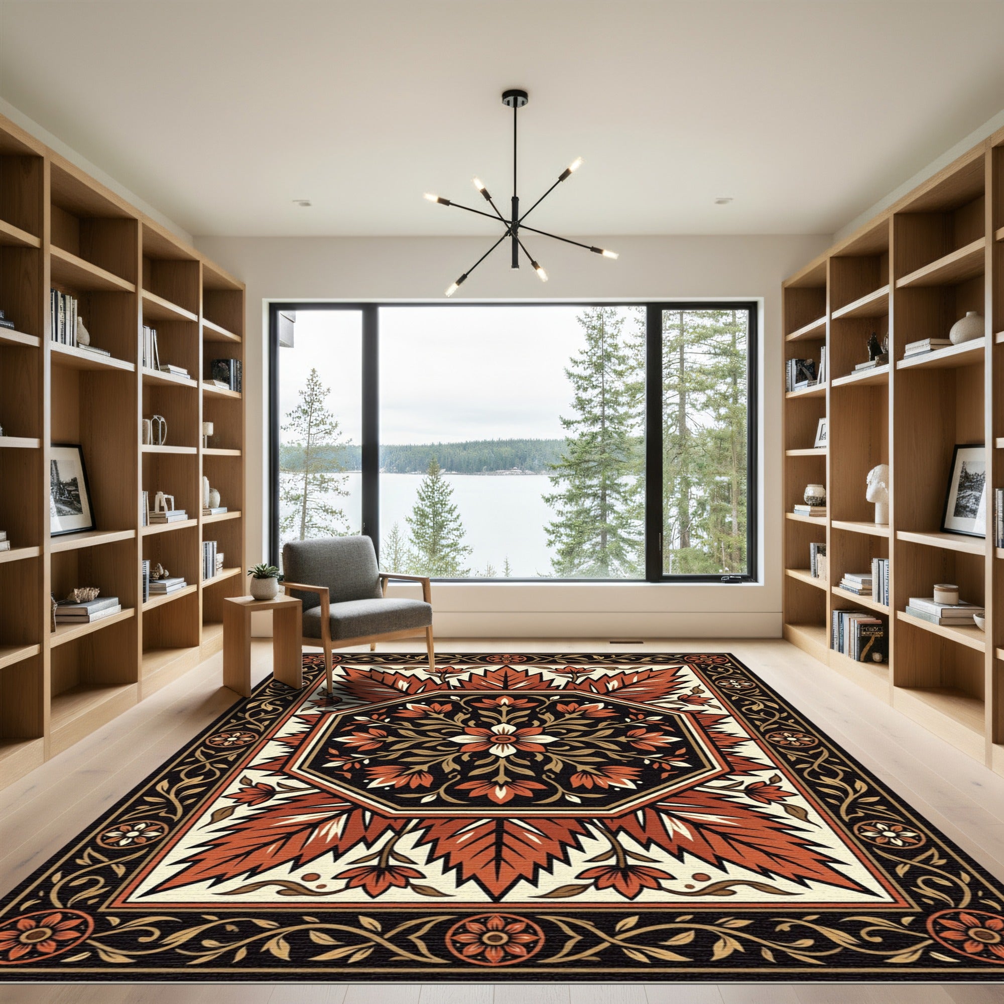 Crimson Floral Octagon Border Rug
