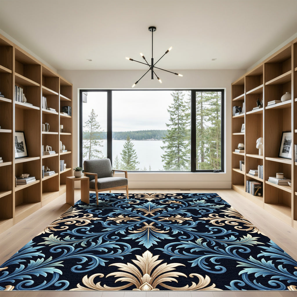 Elegant Blue and Gold Acanthus Scroll Rug