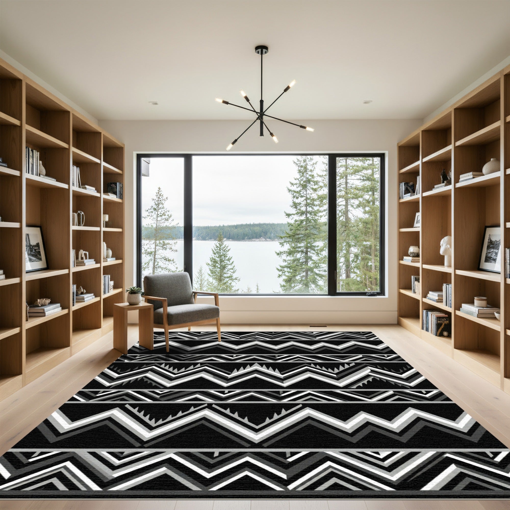 Monochromatic Black White Stripe Zigzag Rug