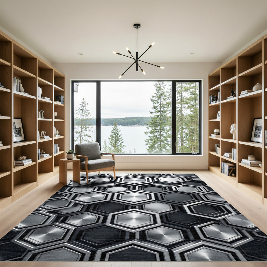 Metallic Gray Geometric Hexagon Mosaic Rug