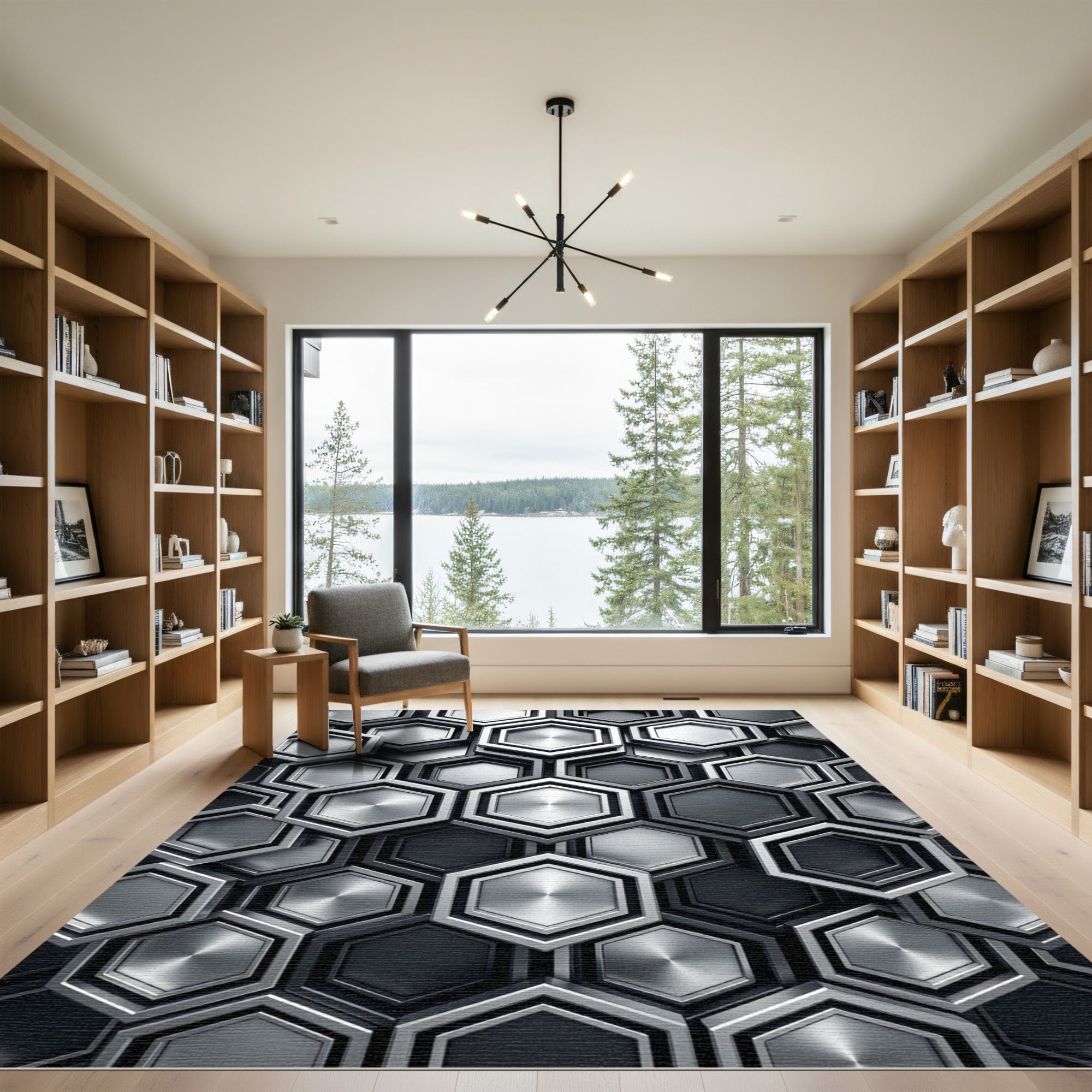 Metallic Gray Geometric Hexagon Mosaic Rug