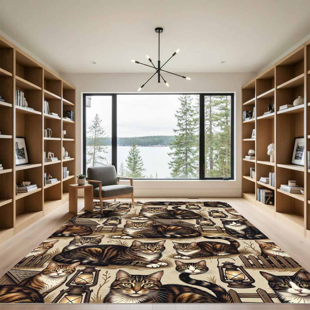 Tabby Cats and Lanterns Barnyard Scene Rug