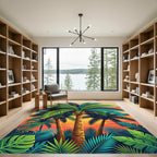 Vibrant Tropical Palm Sunset Landscape Rug