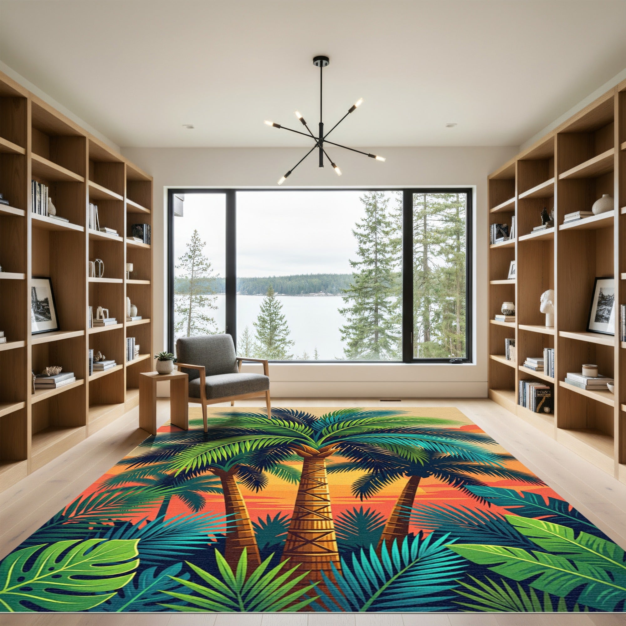Vibrant Tropical Palm Sunset Landscape Rug