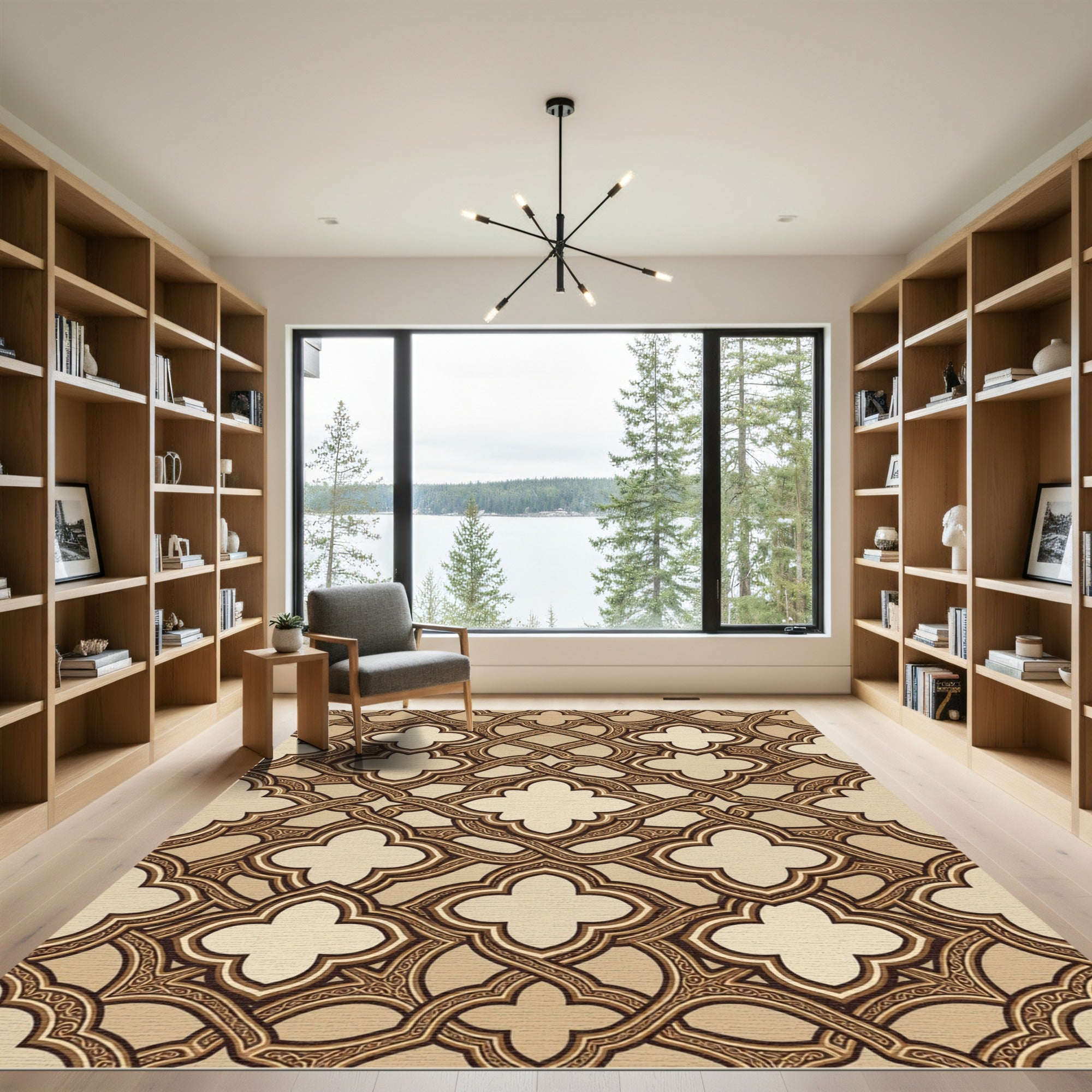 Elegant Beige Quatrefoil Interlocking Scroll Rug