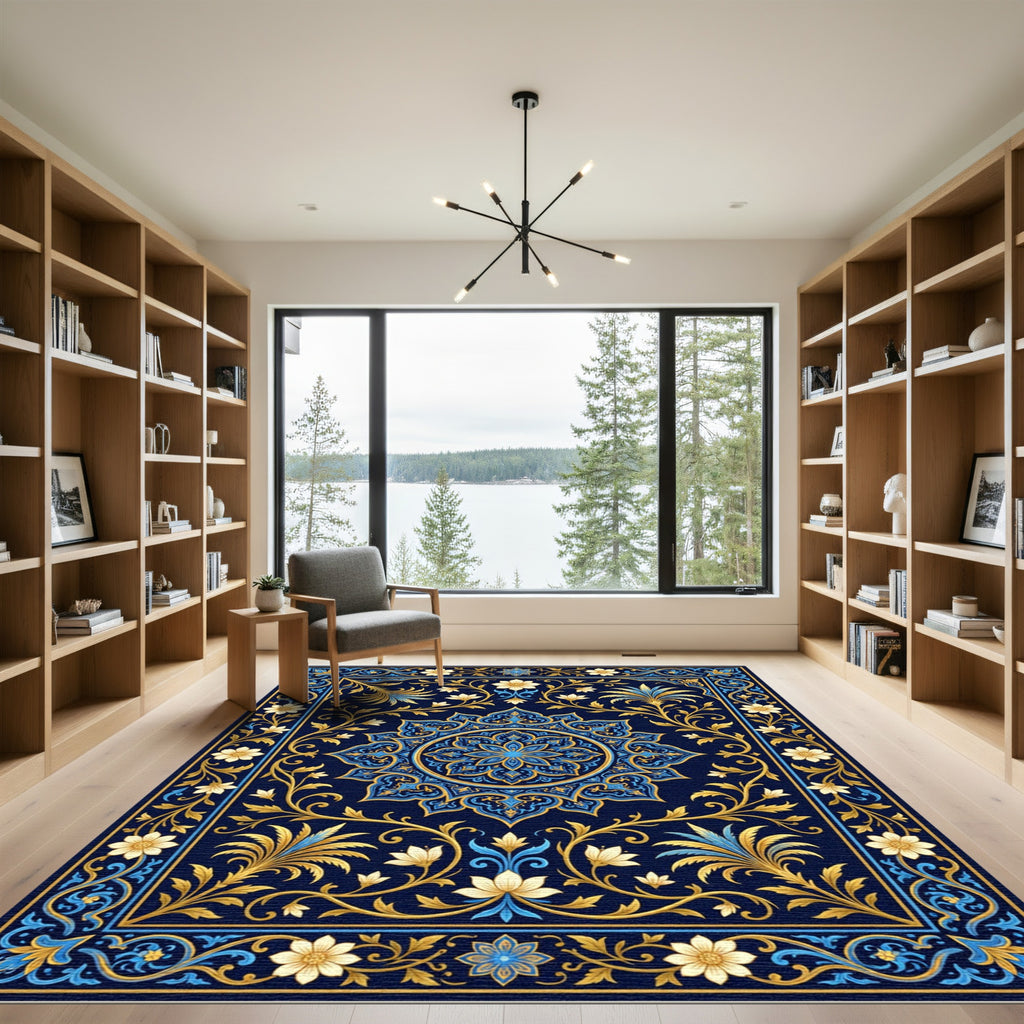 Golden Floral Medallion Navy Ornate Rug
