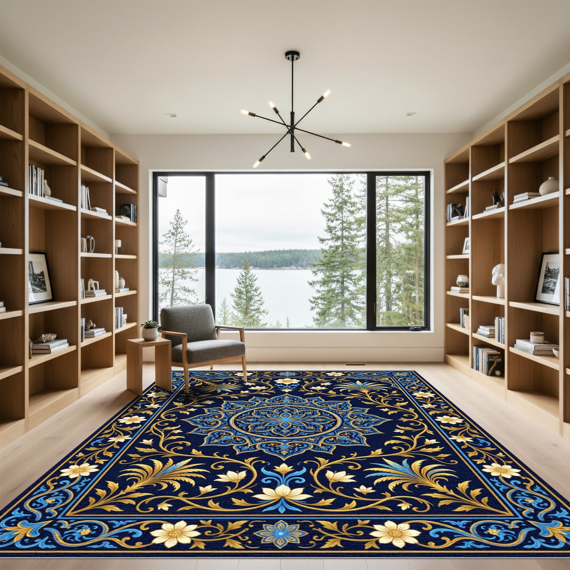 Golden Floral Medallion Navy Ornate Rug