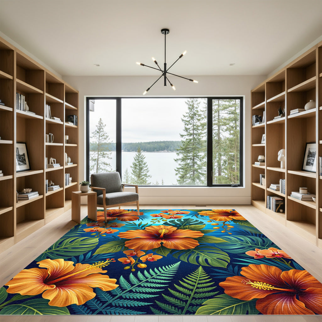 Tropical Orange Hibiscus and Orchid Bloom Rug