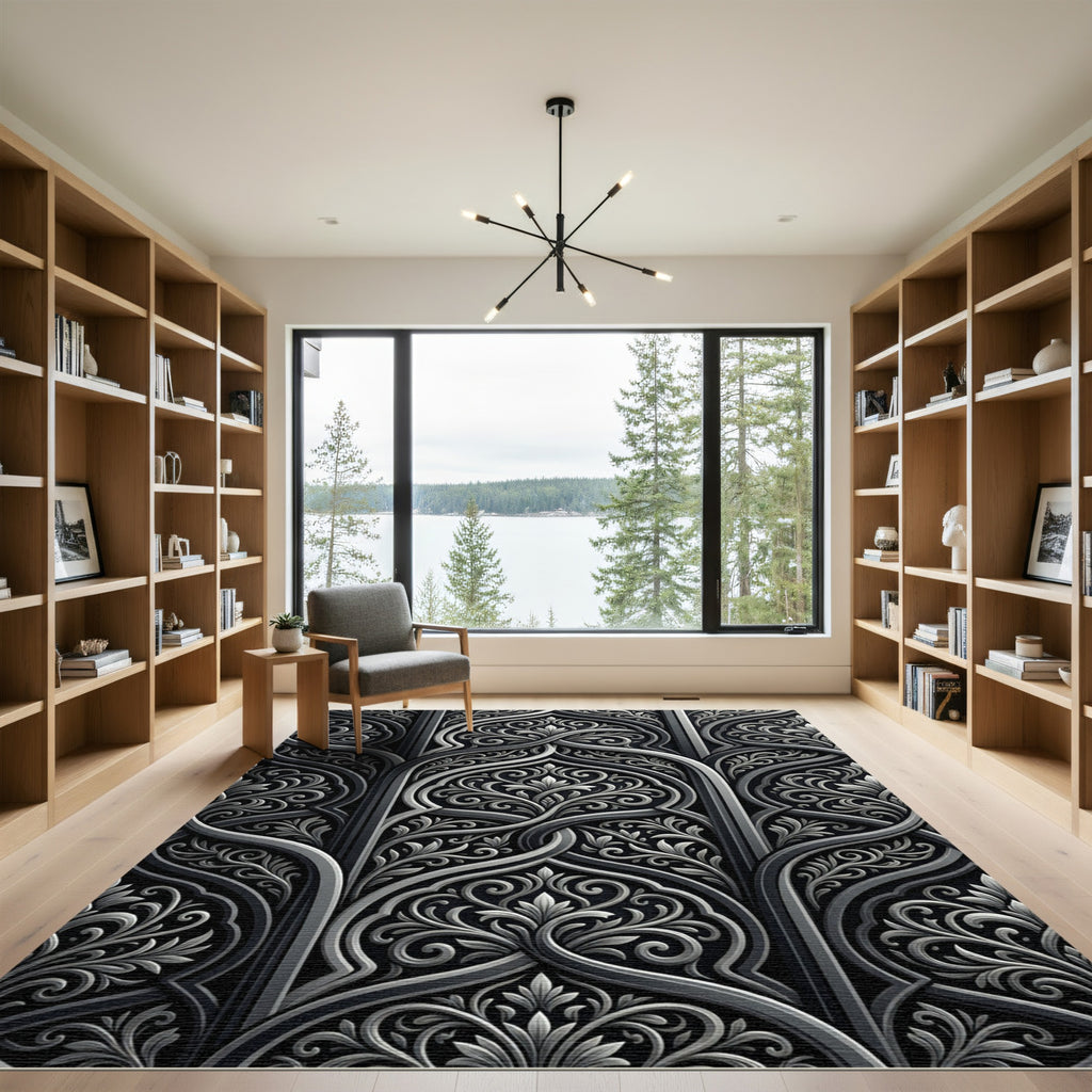 Intricate Black Silver Arabesque Floral Rug