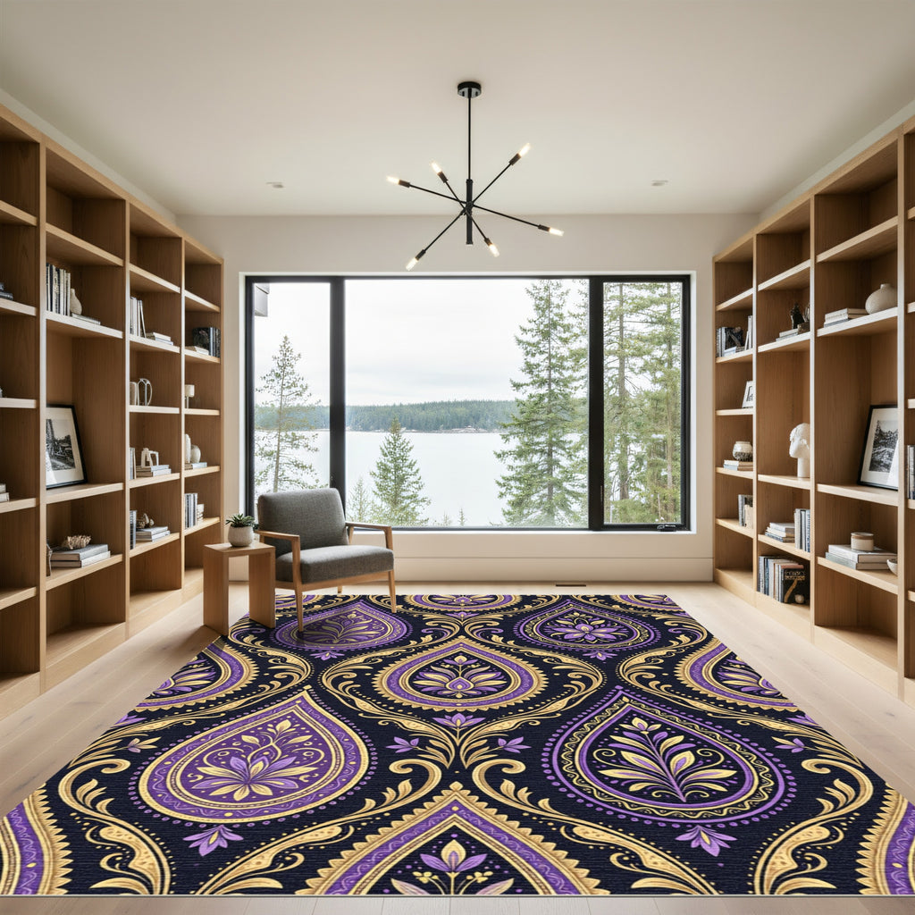 Regal Purple Gold Paisley Floral Rug