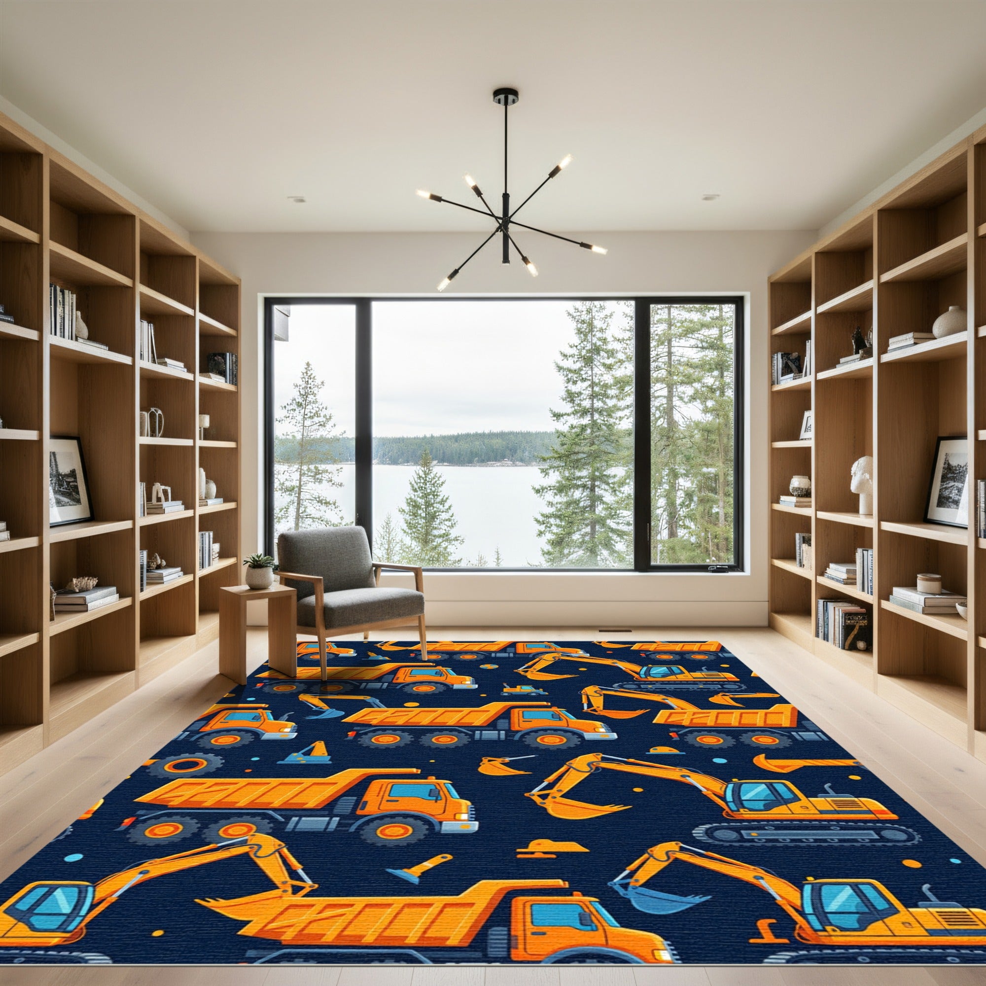 Vibrant Yellow Construction Vehicle Fleet Rug