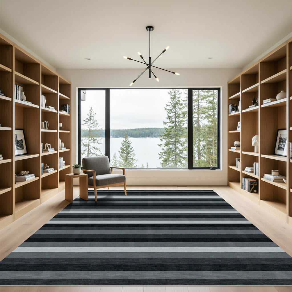 Contemporary Monochrome Horizontal Striped Area Rug