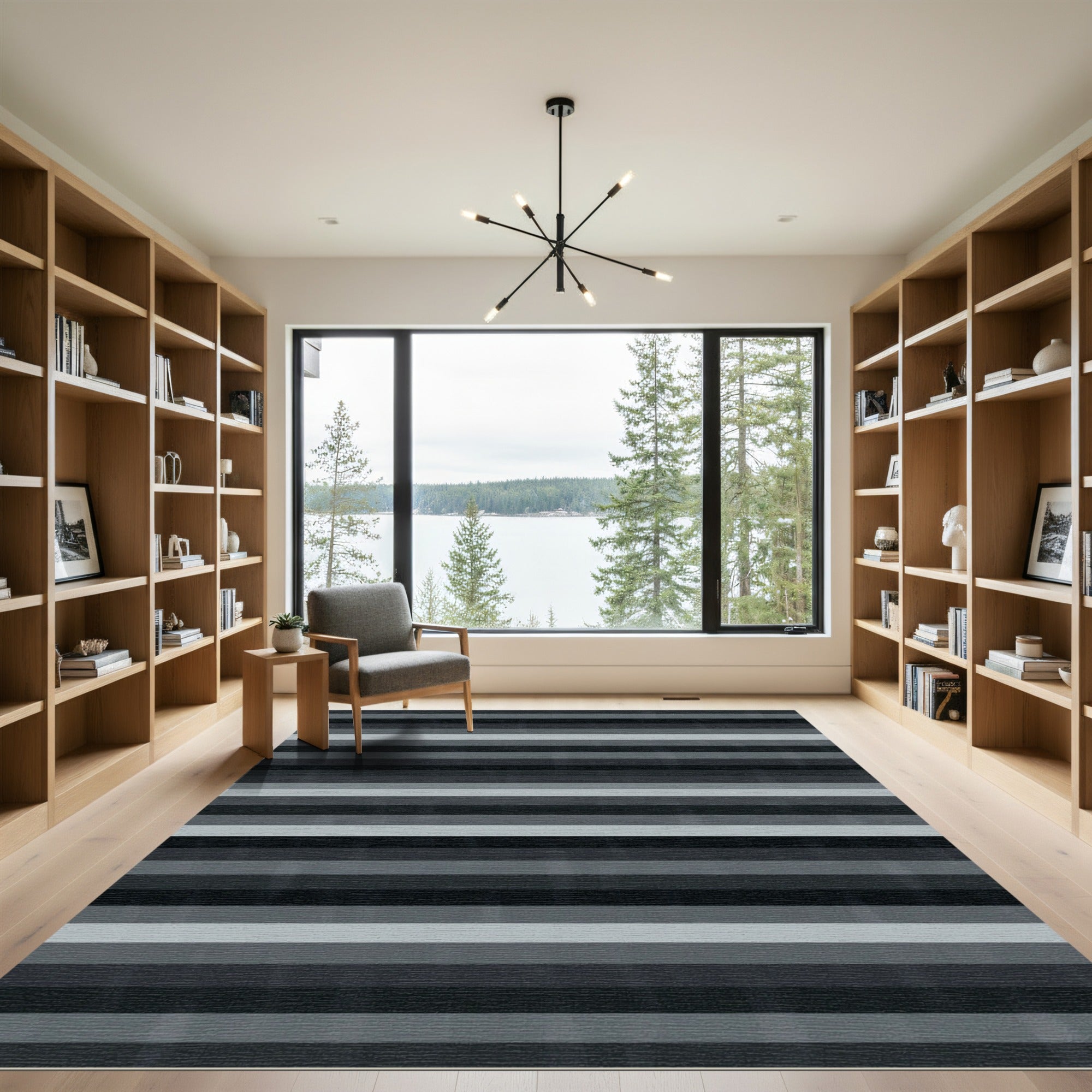 Contemporary Monochrome Horizontal Striped Area Rug