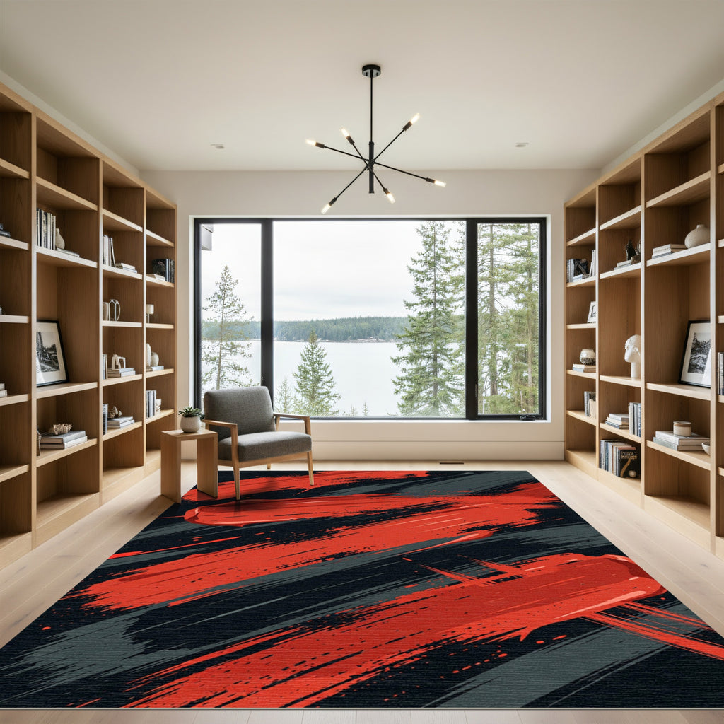 Bold Red Abstract Brush Stroke Rug