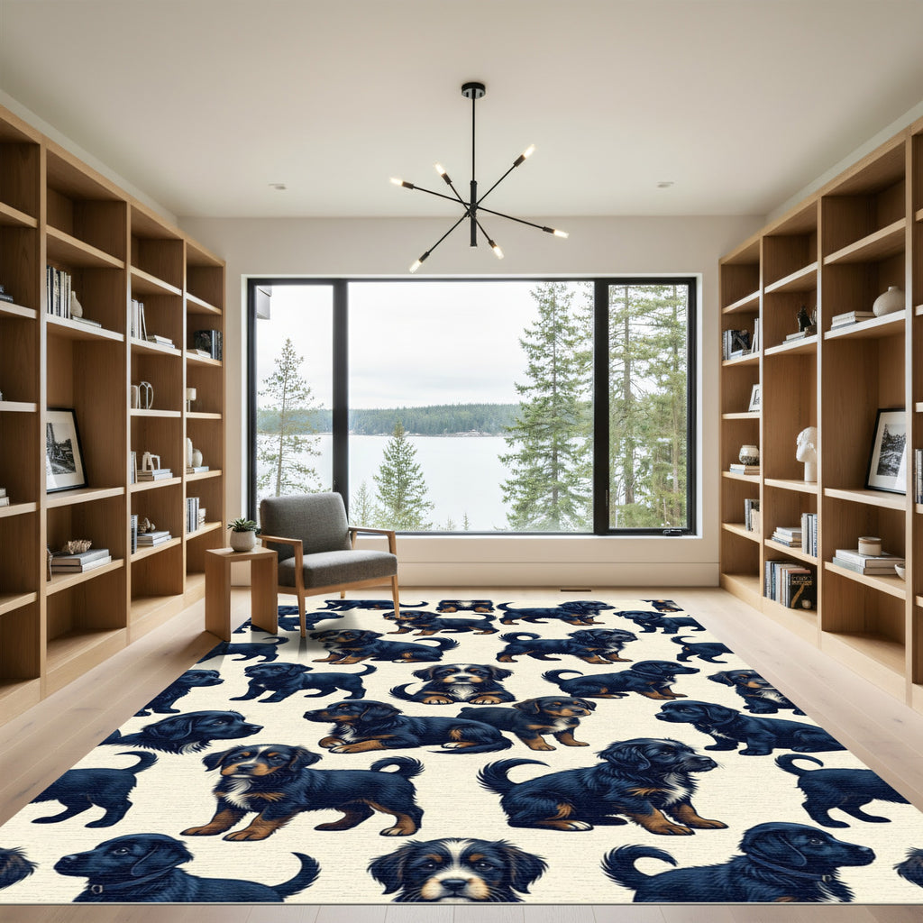 Playful Black Puppy Dog Illustration Rug