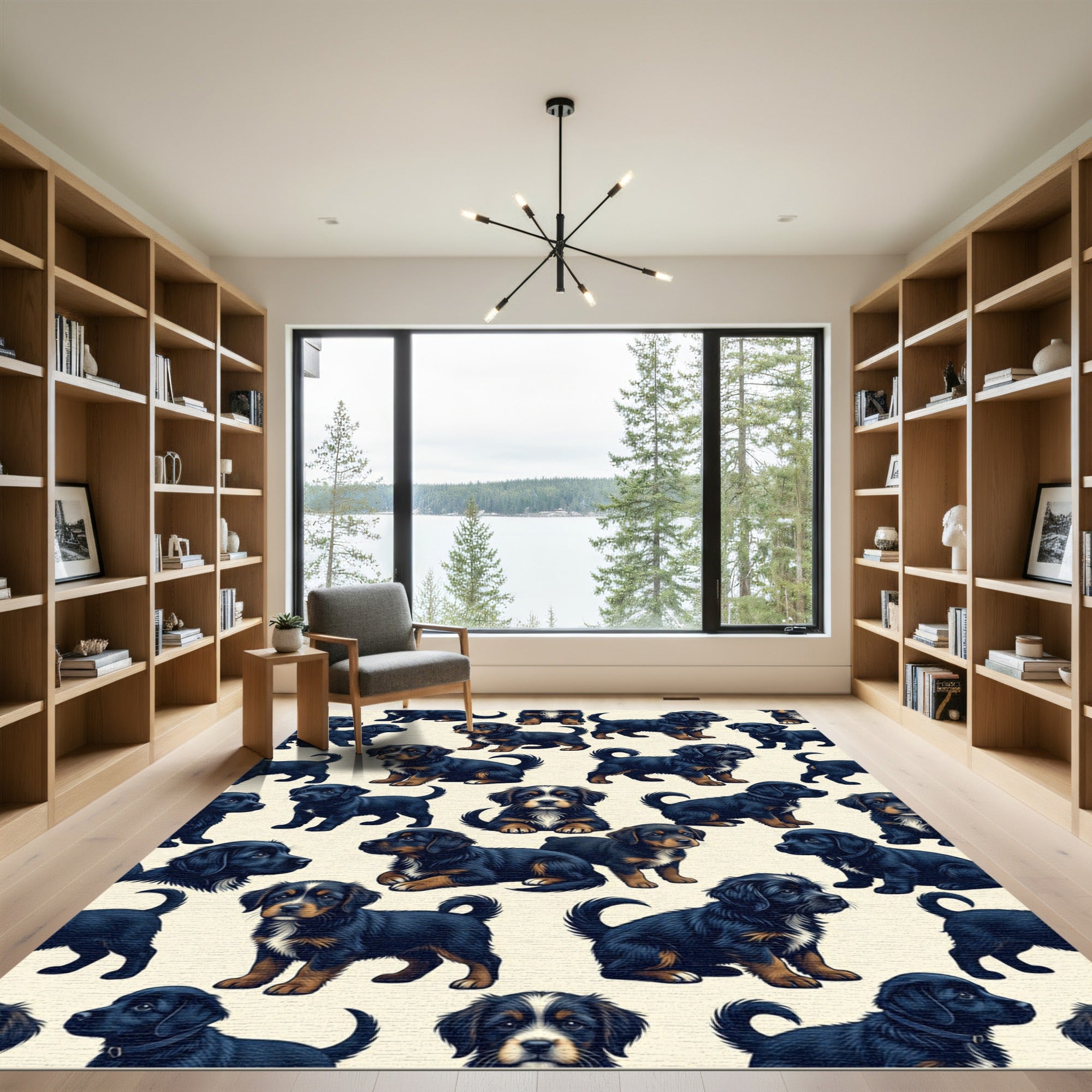 Playful Black Puppy Dog Illustration Rug