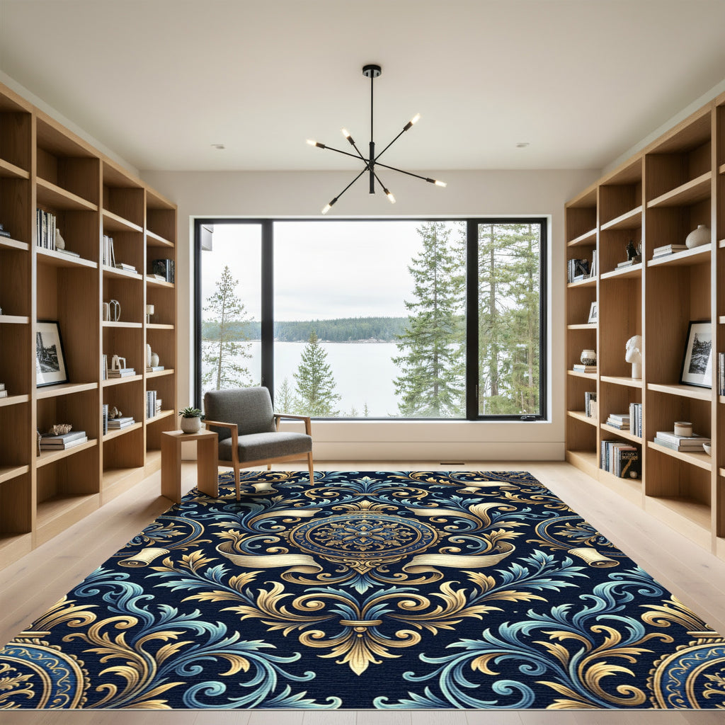 Elegant Navy Golden Baroque Scroll Medallion Rug