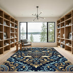 Elegant Navy Golden Baroque Scroll Medallion Rug