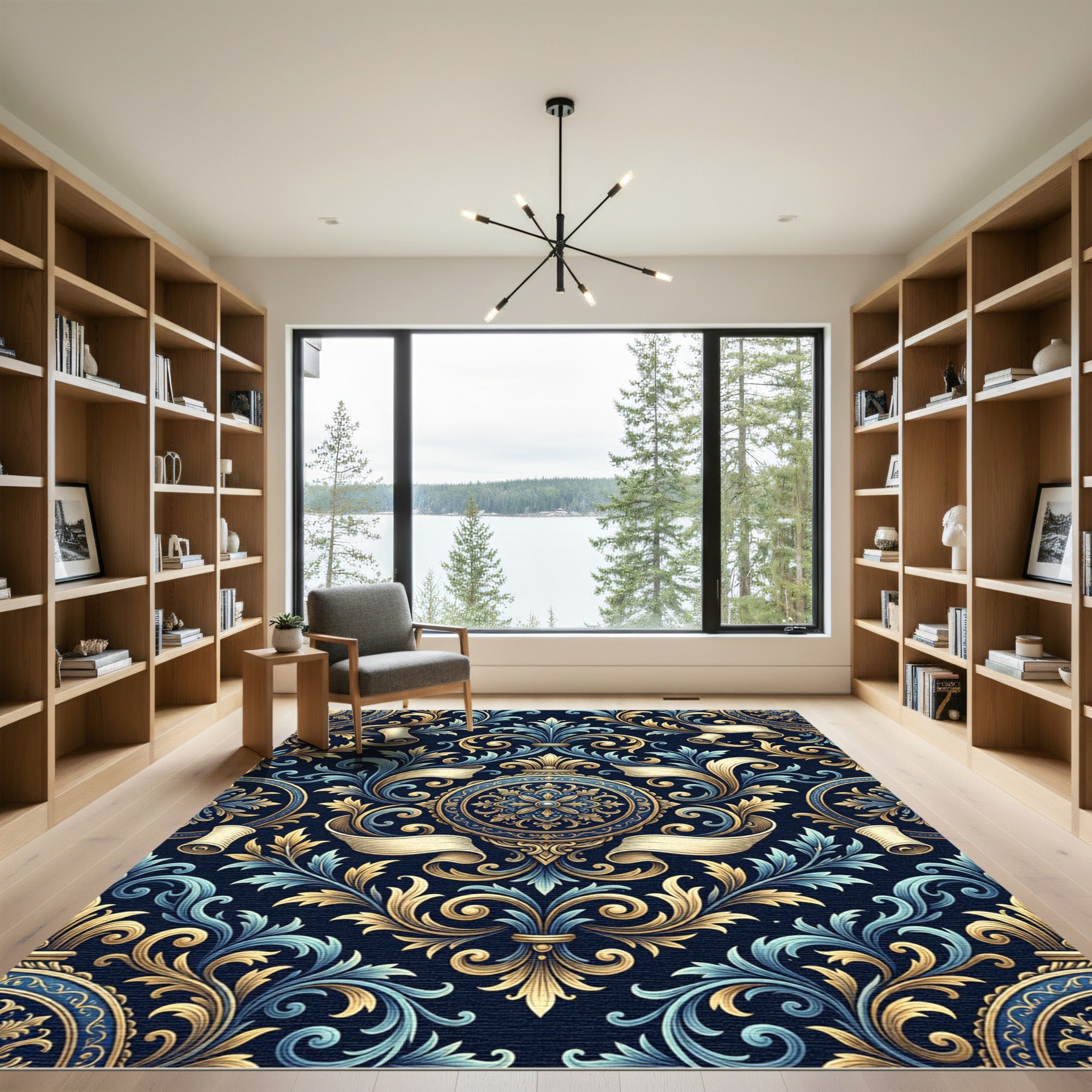 Elegant Navy Golden Baroque Scroll Medallion Rug