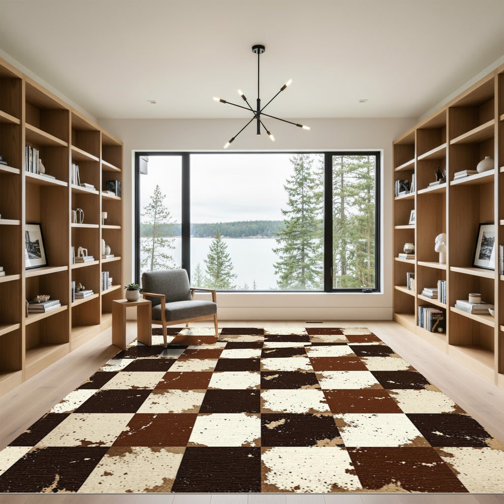 Brown Beige Splattered Checkerboard Rug