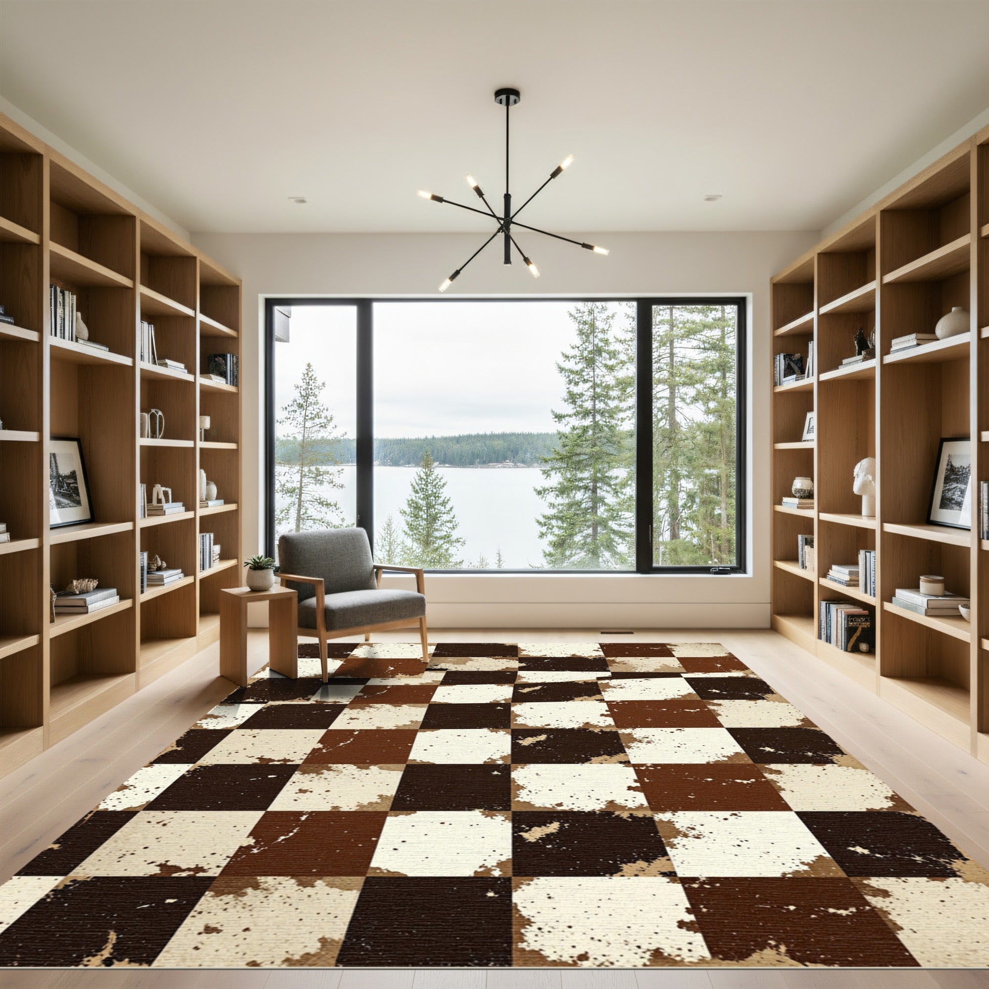 Brown Beige Splattered Checkerboard Rug