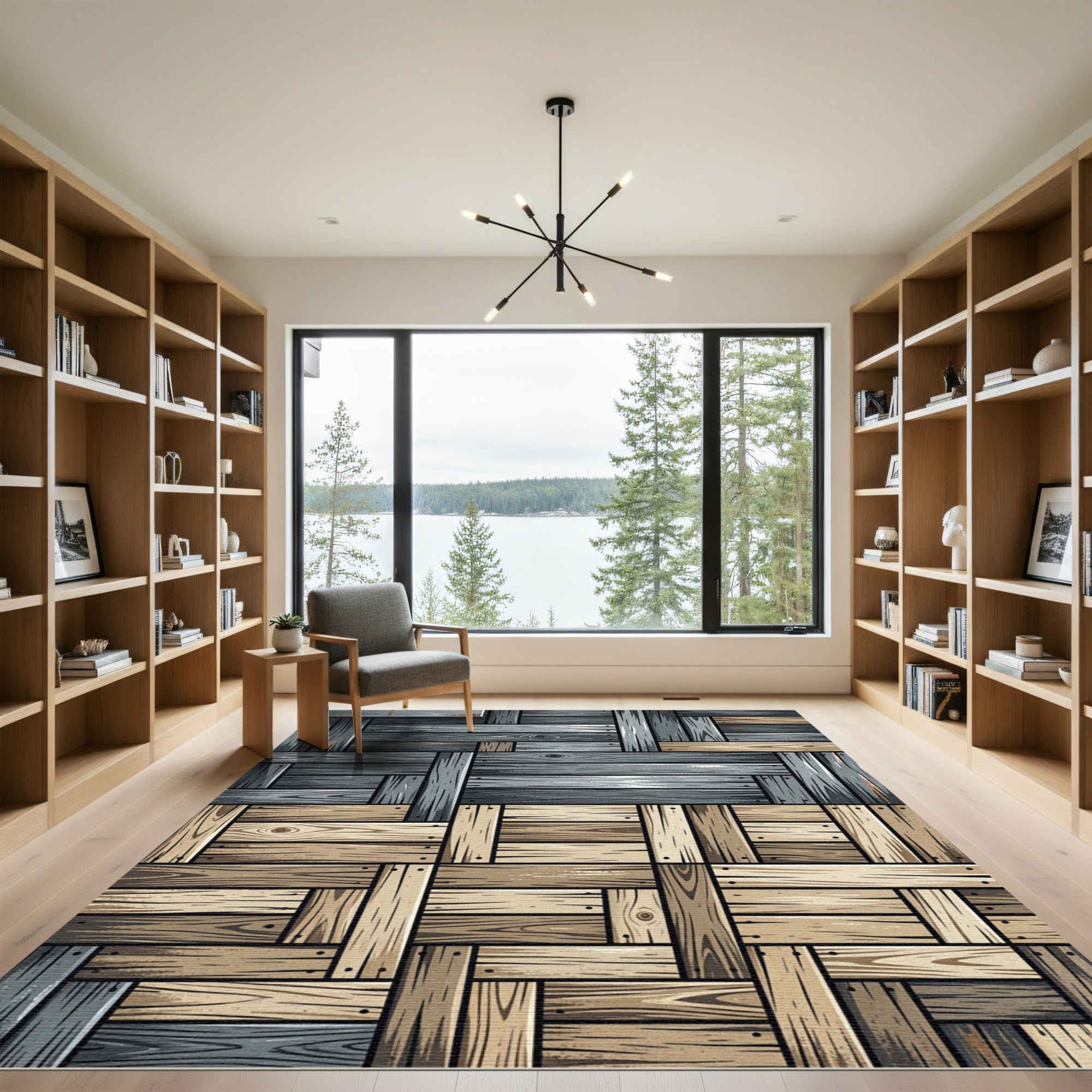 Woven Gray Wood Grain Panels Rug
