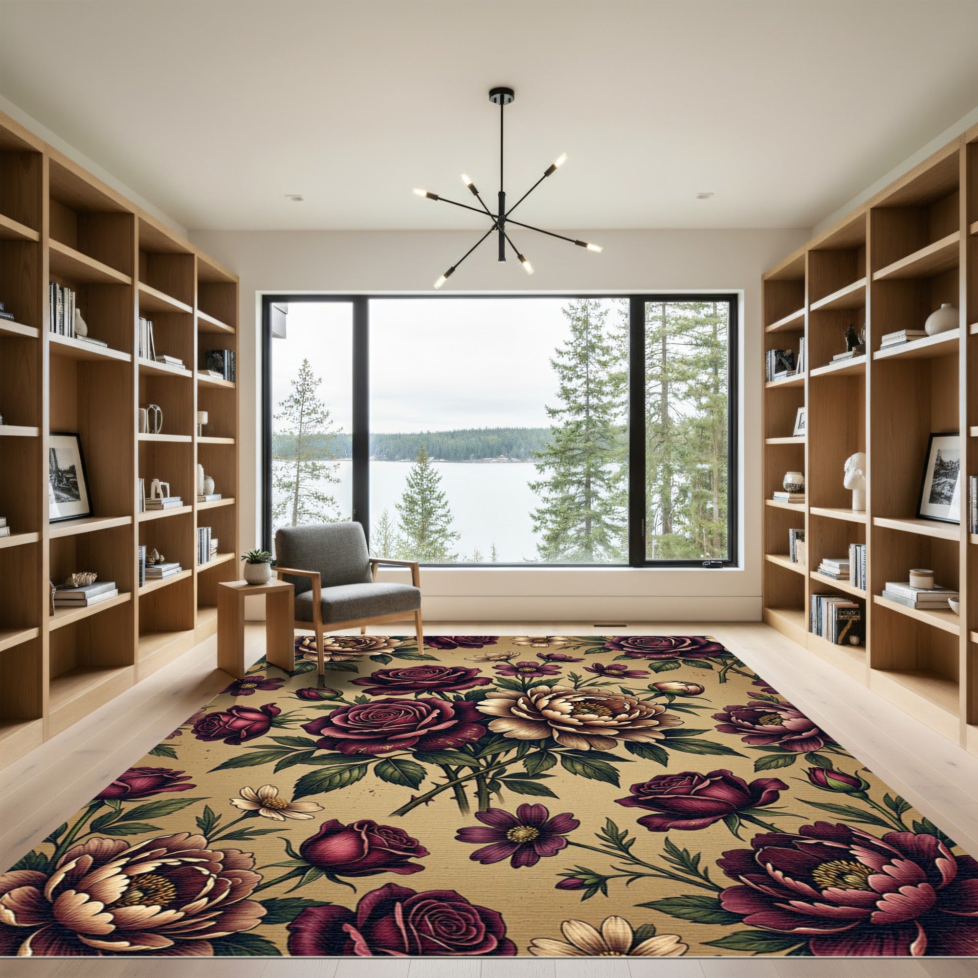 Rich Burgundy Floral Bloom Arrangement Rug