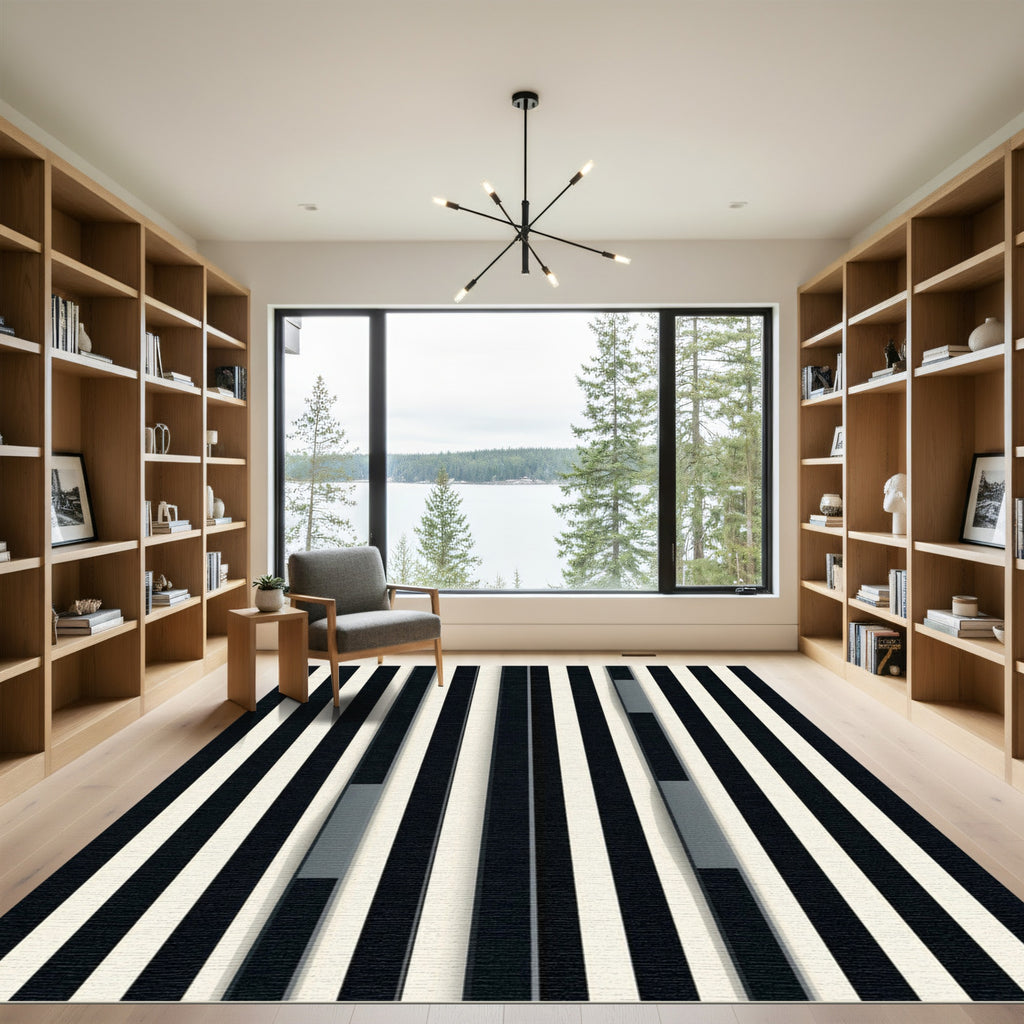 Modern Black White Gray Stripe Rug