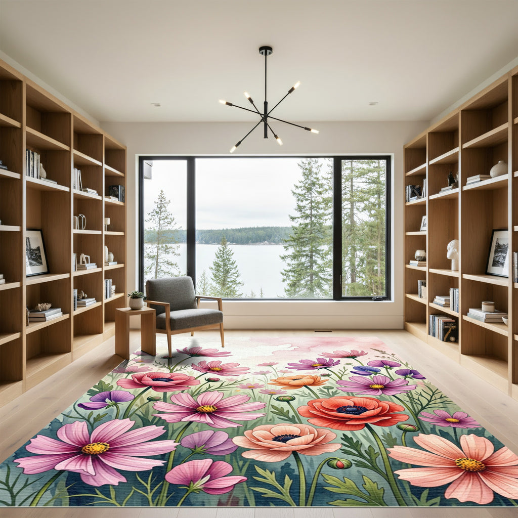 Watercolor Pink Cosmos Floral Meadow Rug
