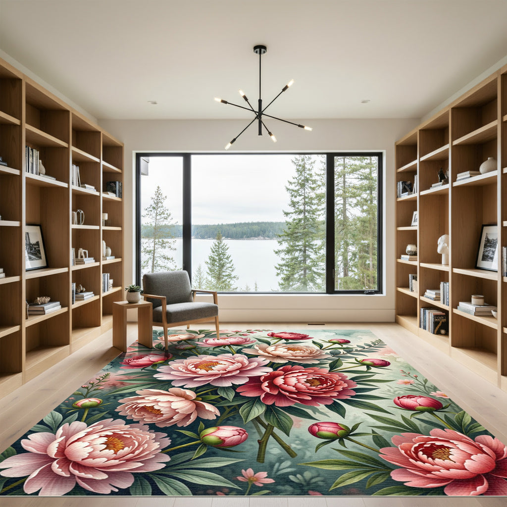 Soft Pink Peony Watercolor Bouquet Rug