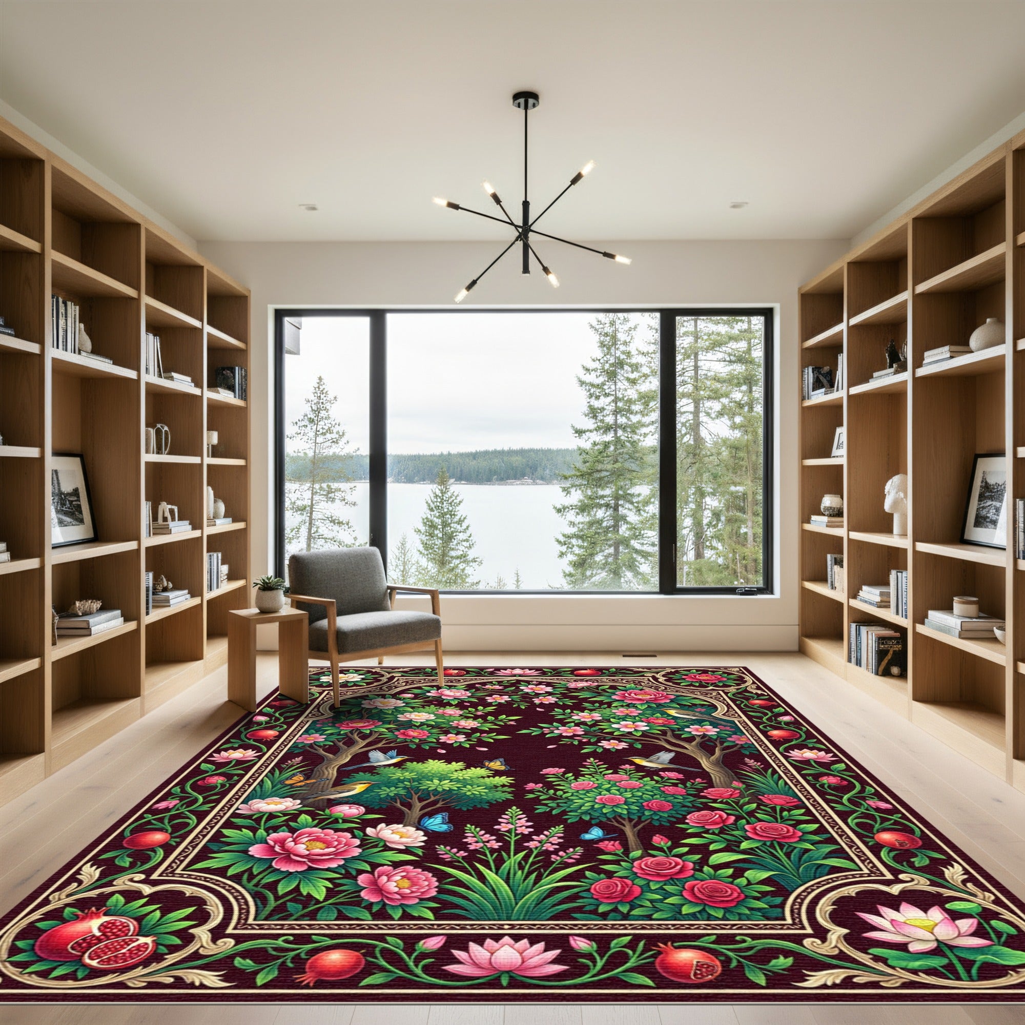 Crimson Garden Birds Floral Arch Rug