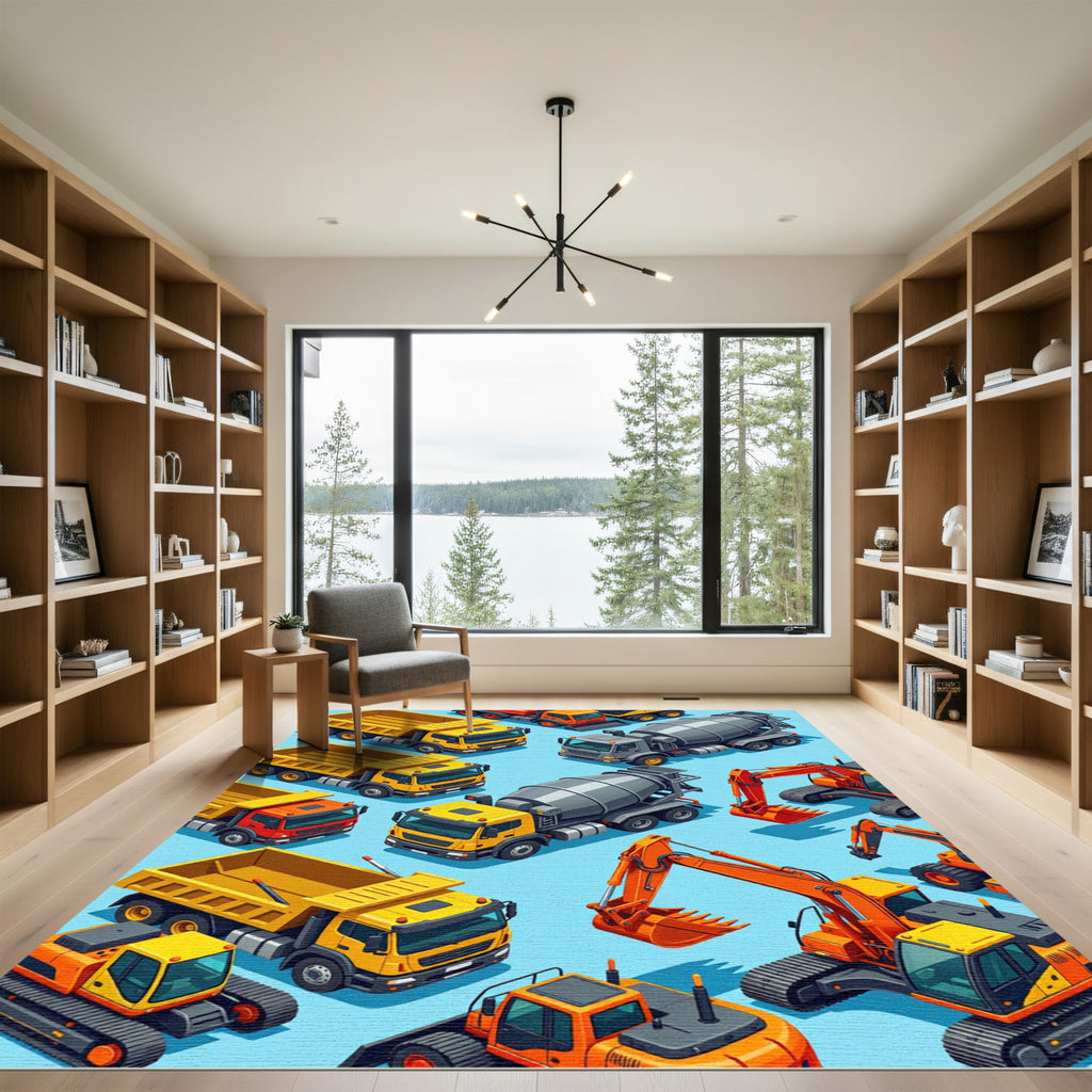 Vibrant Isometric Heavy Construction Equipment Rug