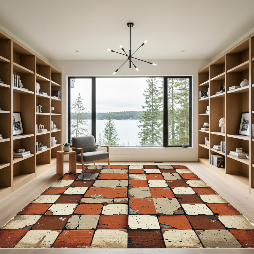 Textured Terracotta Stone Geometric Grid Rug