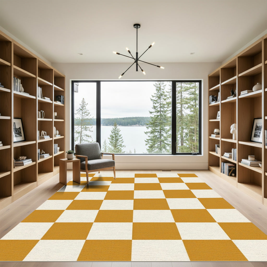 Golden Ochre White Checkerboard Squares Rug