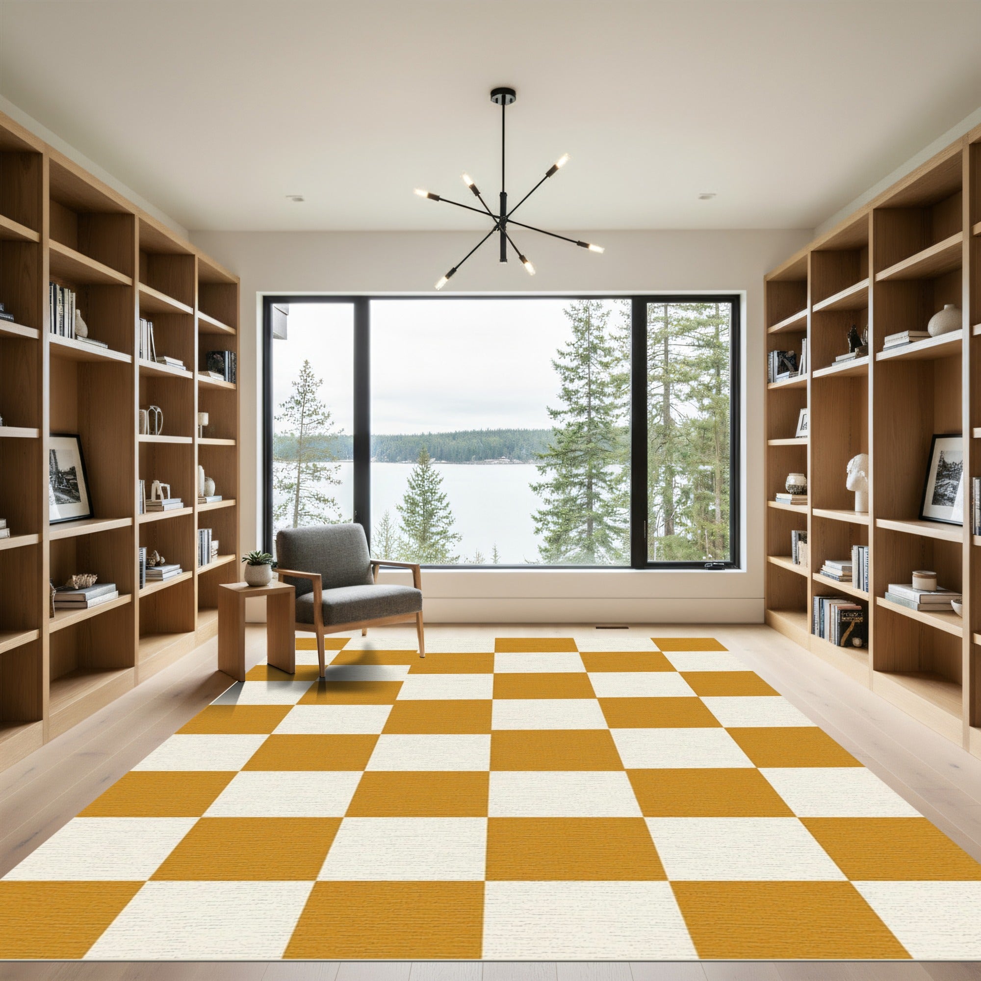 Golden Ochre White Checkerboard Squares Rug