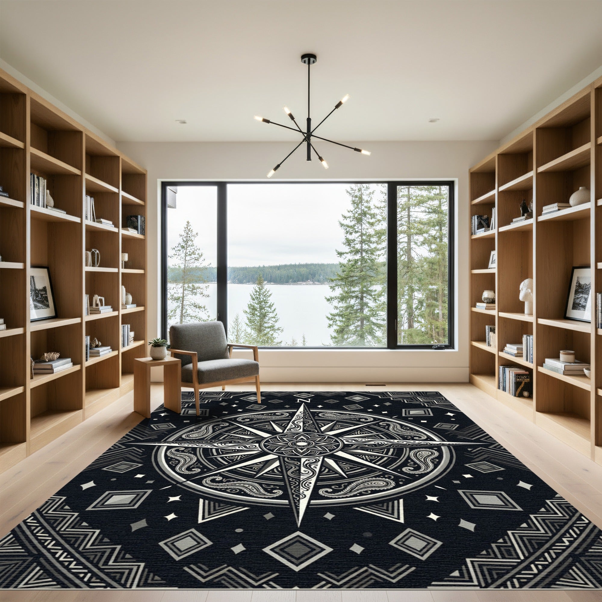 Monochrome Ornate Compass Celestial Graphic Rug