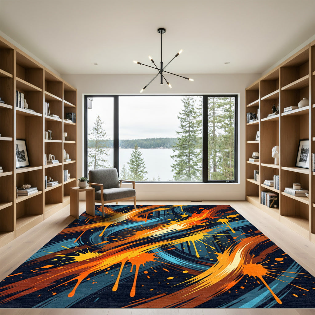 Vibrant Orange and Blue Abstract Splash Rug