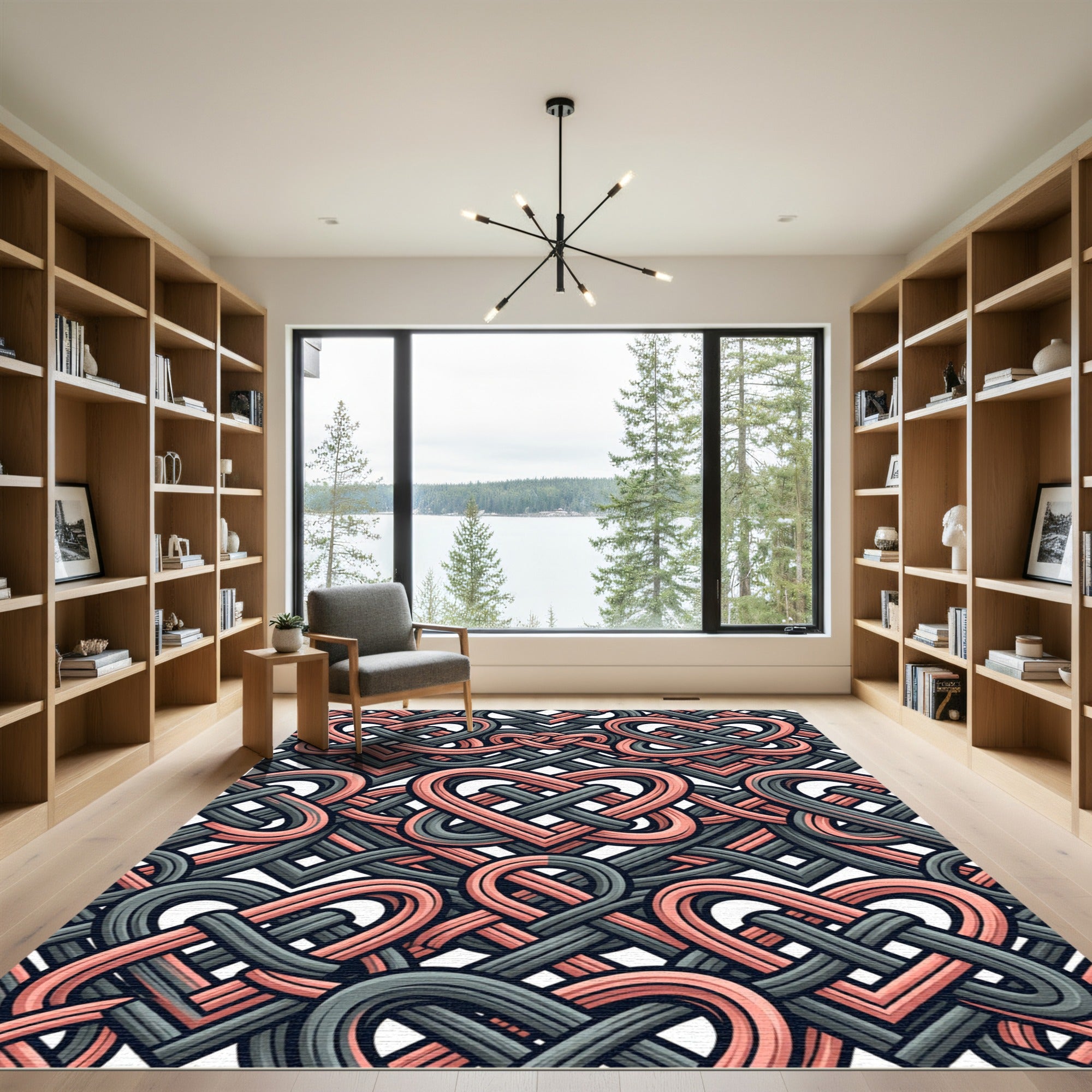 Intertwined Coral and Charcoal Heart Knot Rug