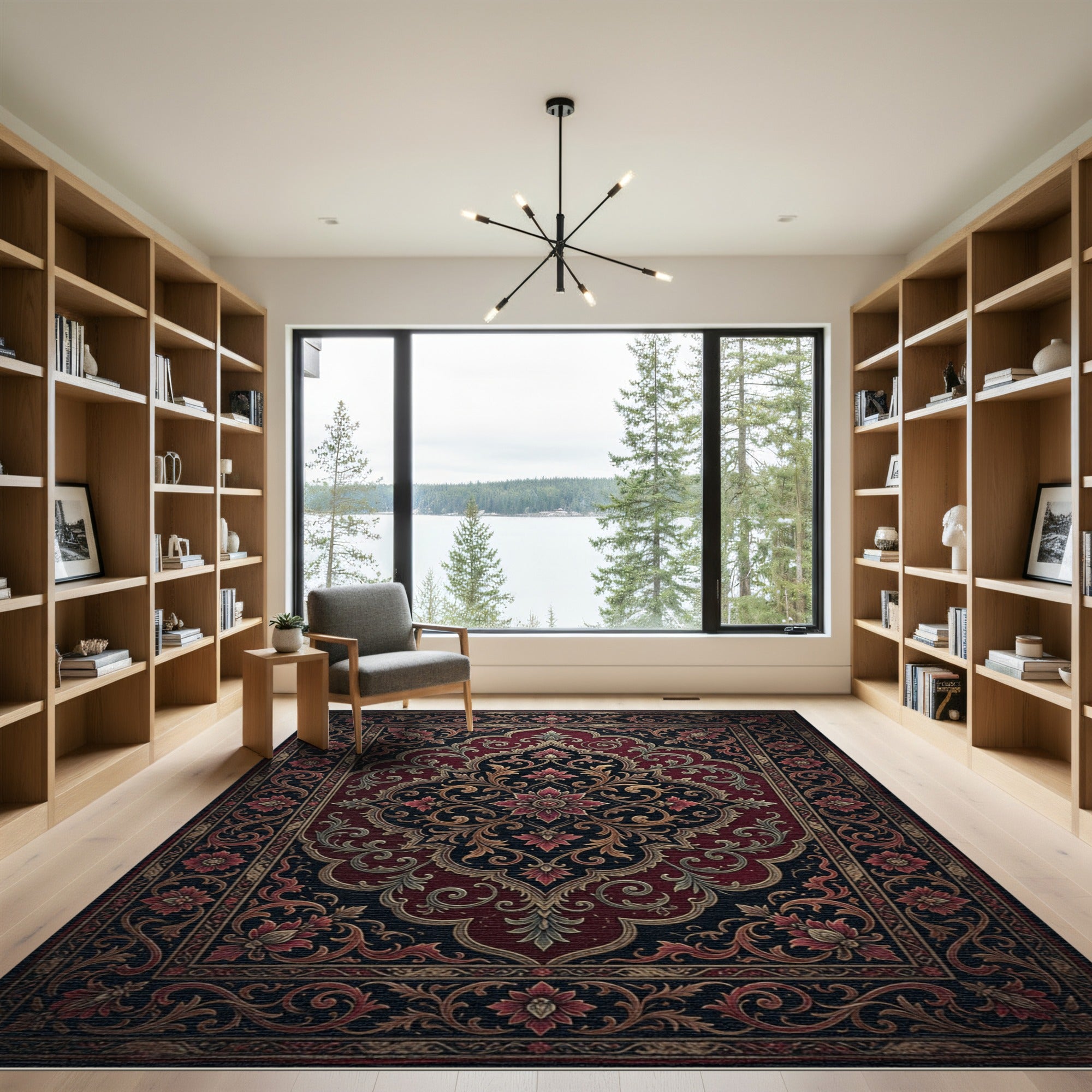 Ornate Crimson Black Floral Medallion Rug