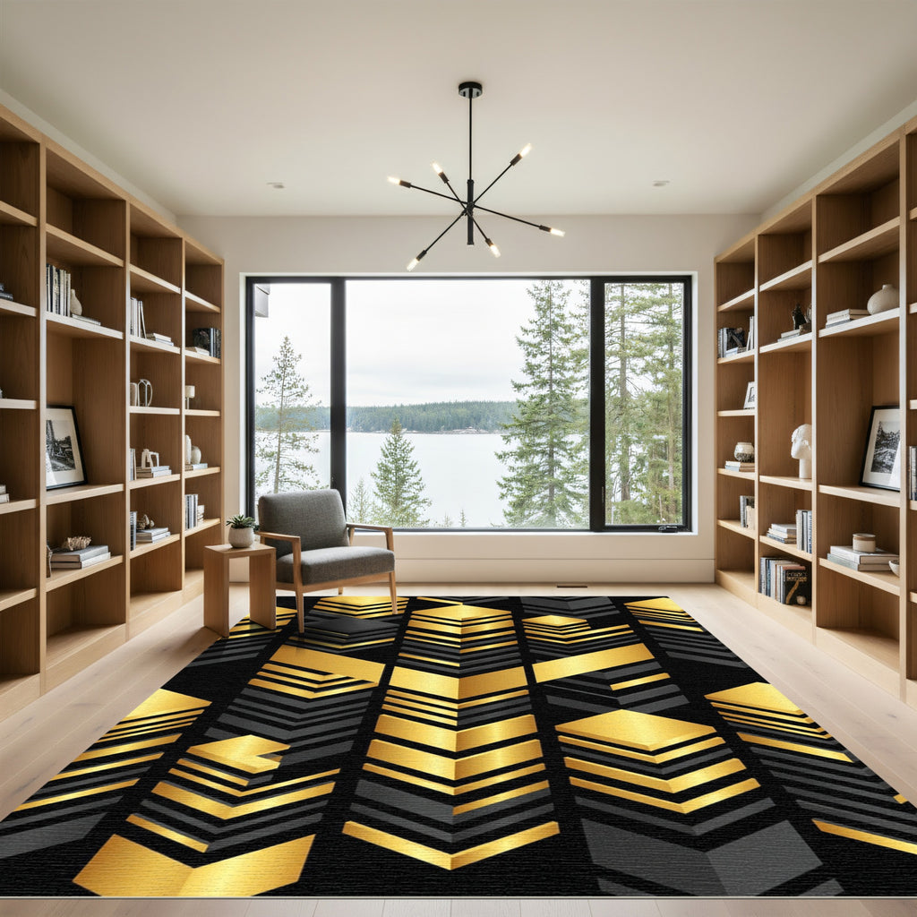 Gold Black Geometric Stacked Blocks Rug