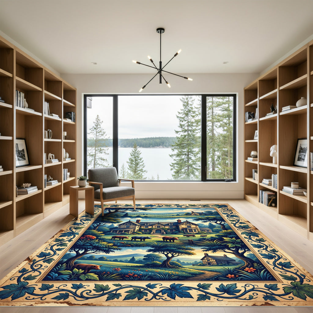 Earthy Pastoral Farmhouse Meadow Landscape Rug