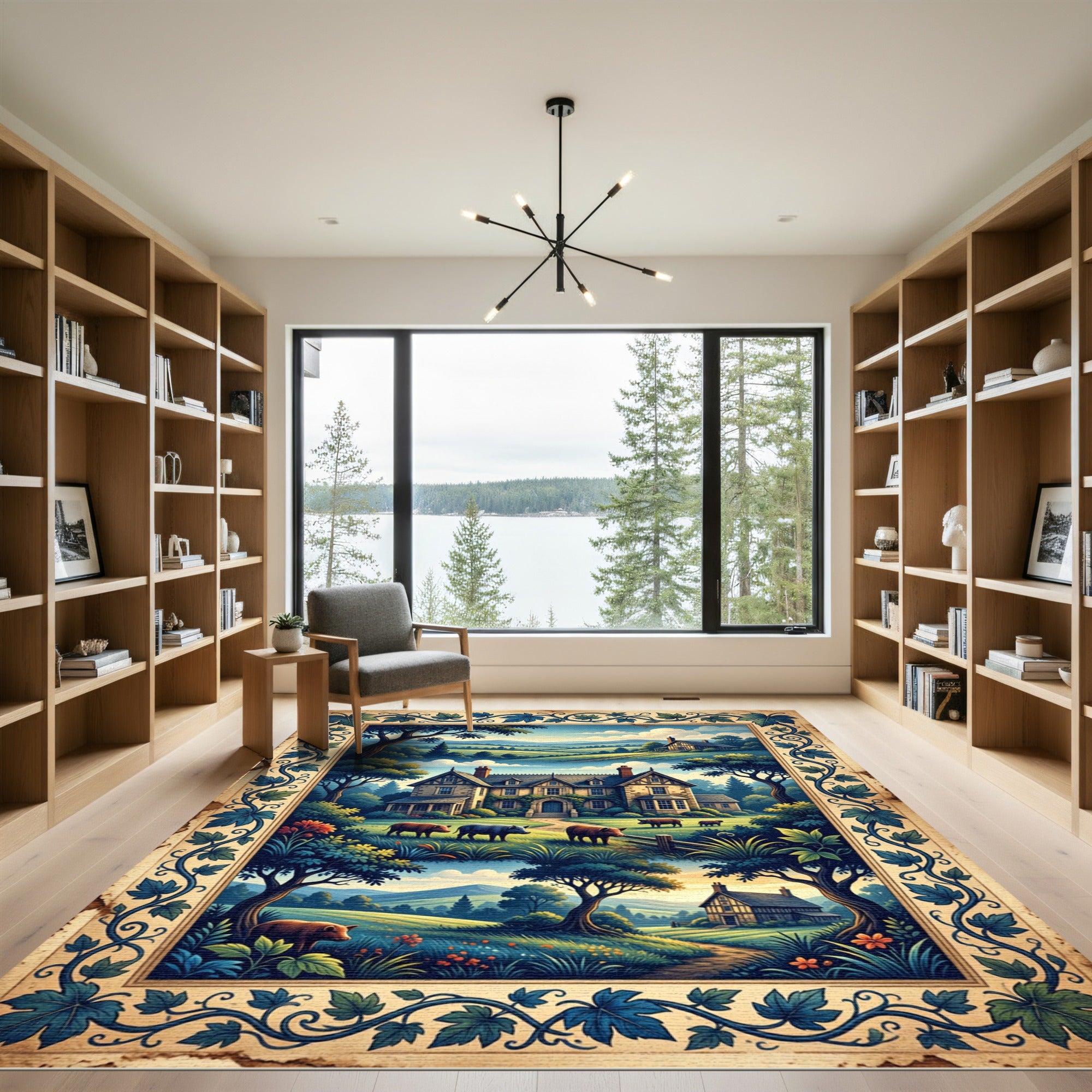 Earthy Pastoral Farmhouse Meadow Landscape Rug