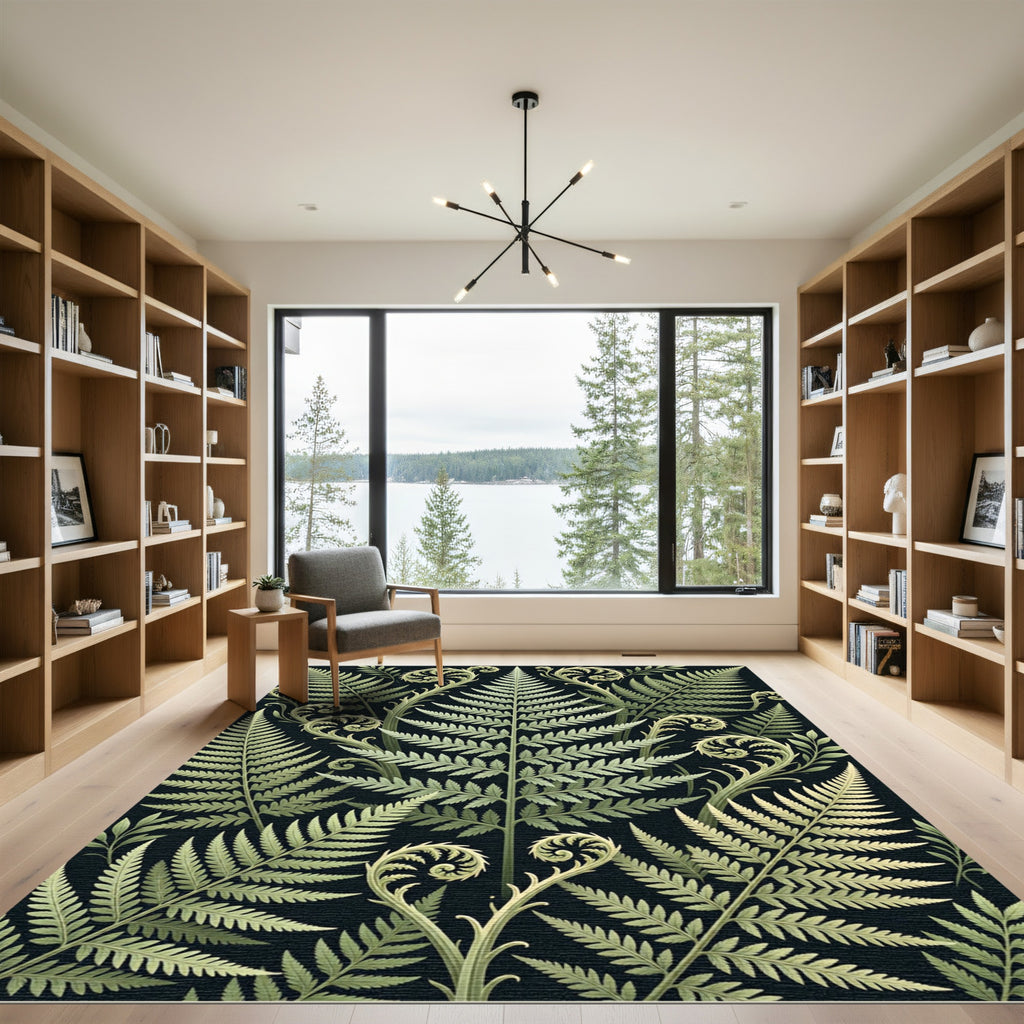 Botanical Fern Leaf Emerald Scroll Rug