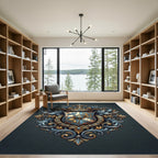 Ornate Blue and Gold Heraldic Crest Rug
