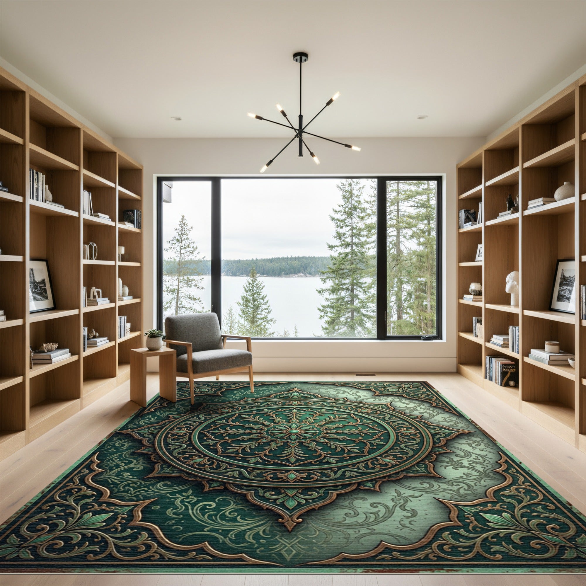 Elegant Emerald Verdant Ornate Medallion Rug