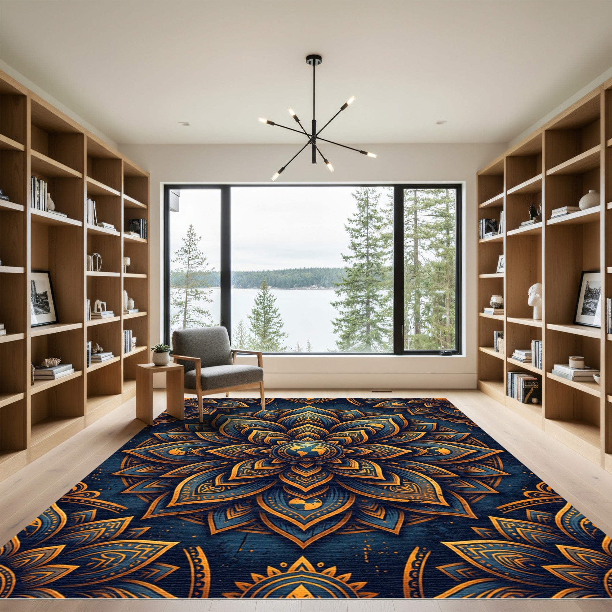 Golden Celestial Mandala Navy Medallion Rug