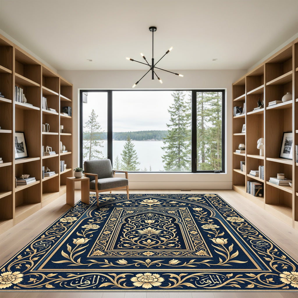 Ornate Gold Floral Midnight Blue Arch Rug