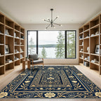 Ornate Gold Floral Midnight Blue Arch Rug
